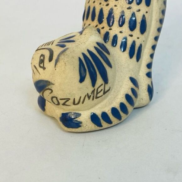 Tonala Mexico Folk Art Pottery Stretching Cat Hand Painted Rain Drop Blue Excell - Picture 2 of 6